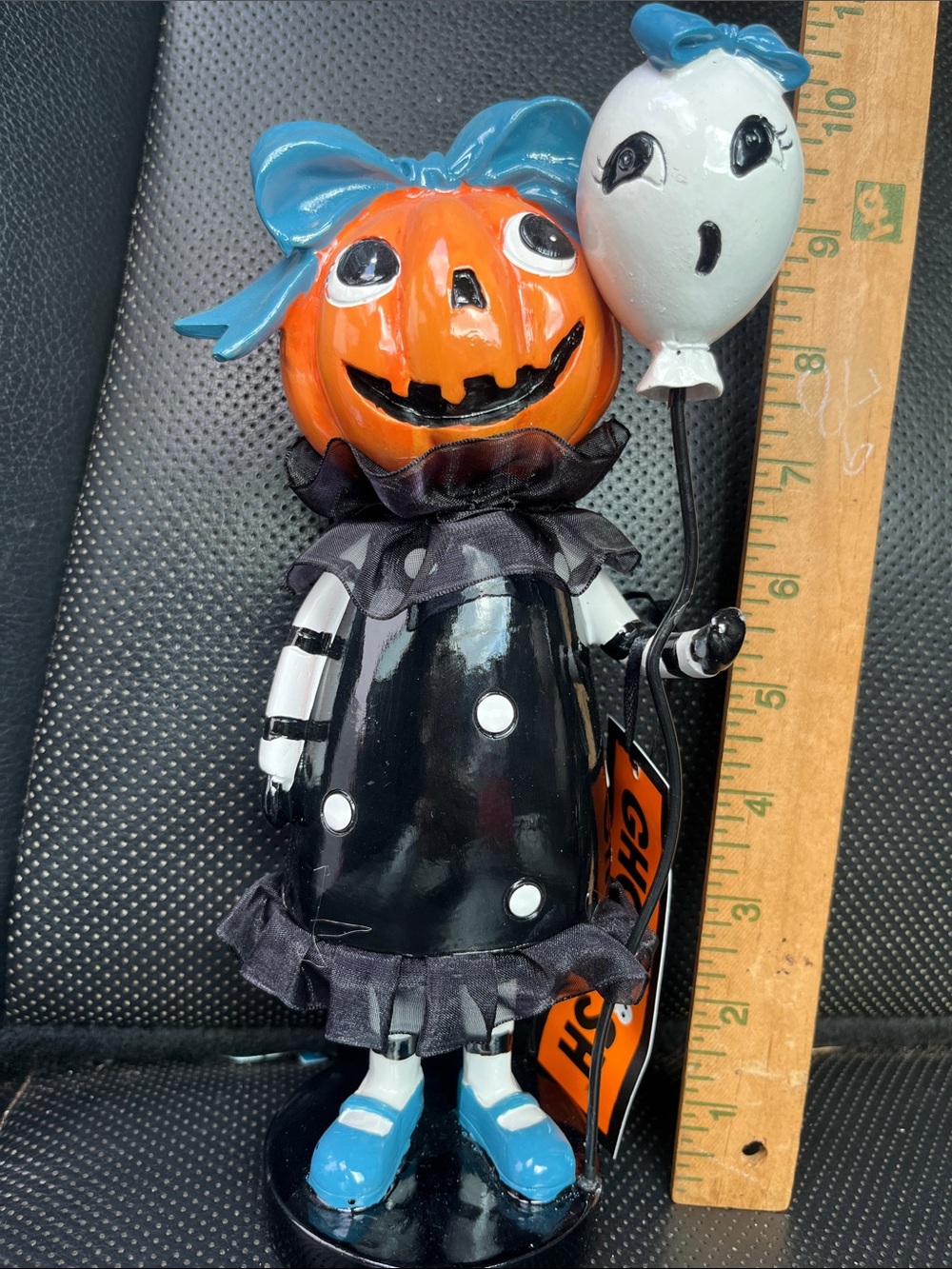 Whimsical Pumpkin Girl Halloween Figurine - Orange & Black with Blue Accents
